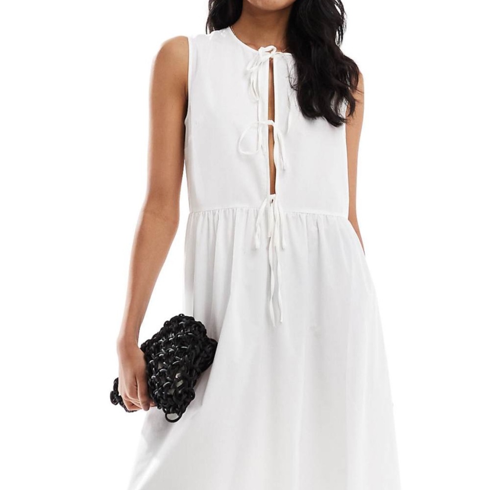 White Plunge Neck Sleeveless Maxi Sundress Tie Front